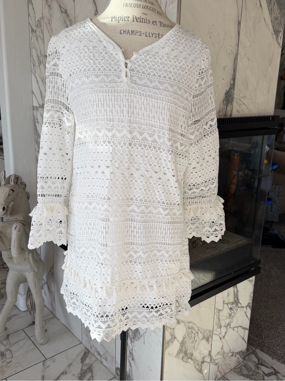 Vintage White Crochet Lace Women’s Dress open Arms Tassels Large